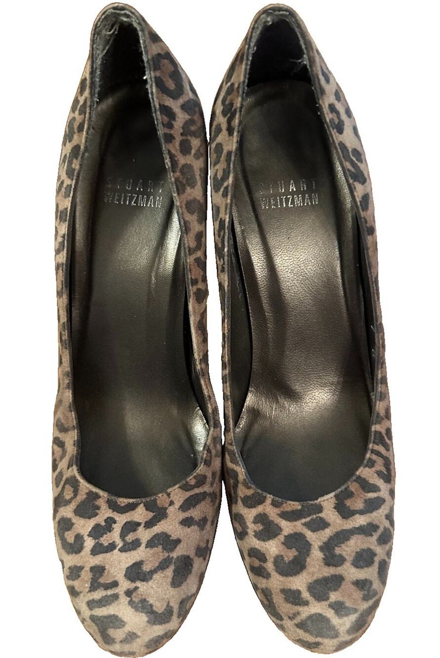 Stuart Weitzman Browne Black Suede Leopard Print Platform Pump Heels Sz 7 M